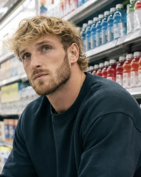 Photo illustration of Logan Paul in a beverage aisle.